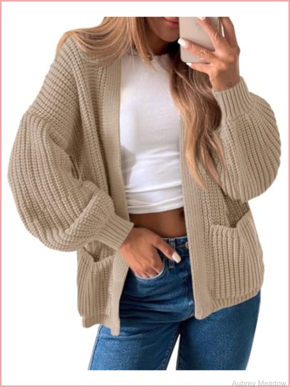 Womens Ribbed Chunky Knit Cardigan Long Lantern Sleeve Open Front Sweater